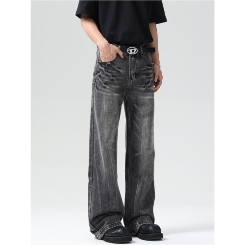 Vintage lightning crack black and gray men's straight-leg slim-fit trousers with American street style vibe
