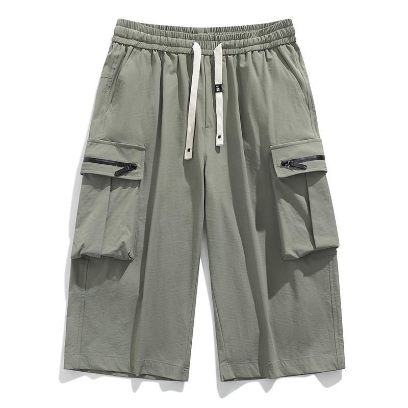 Summer Workwear Men's Cropped Pants, Thin and Breathable, Large Size Sports Beach Shorts, Loose Wide-Leg Pants for Men