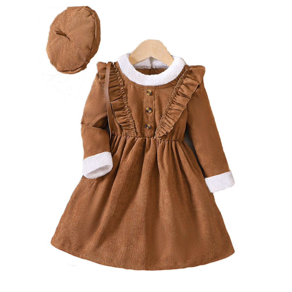 EW Children's Clothing New Product for Girls Autumn and Winter, Corduroy Plush Ruffle Edge Dress Q1446-C_voghion.com
