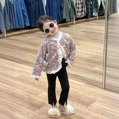 童裝女童外套2024春裝衣服名媛風彩色軟糯毛呢上衣花邊外套開衫