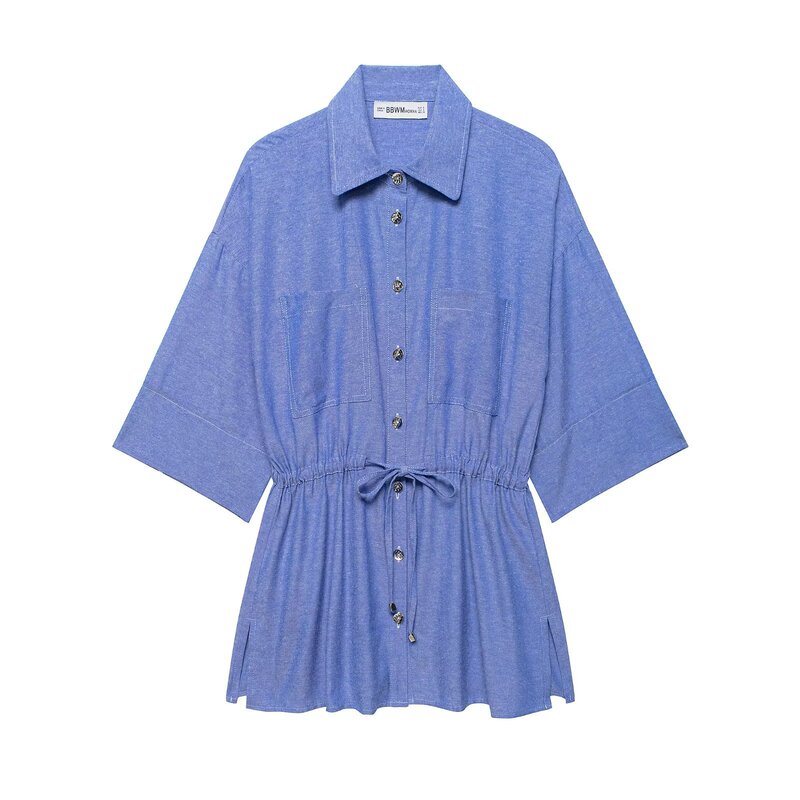 Aliexpress Wholesale Spring New Women's Versatile Collared Shirt with Elbow-Length Sleeves and Pocket Accents, Safari Style Shirt 8090757