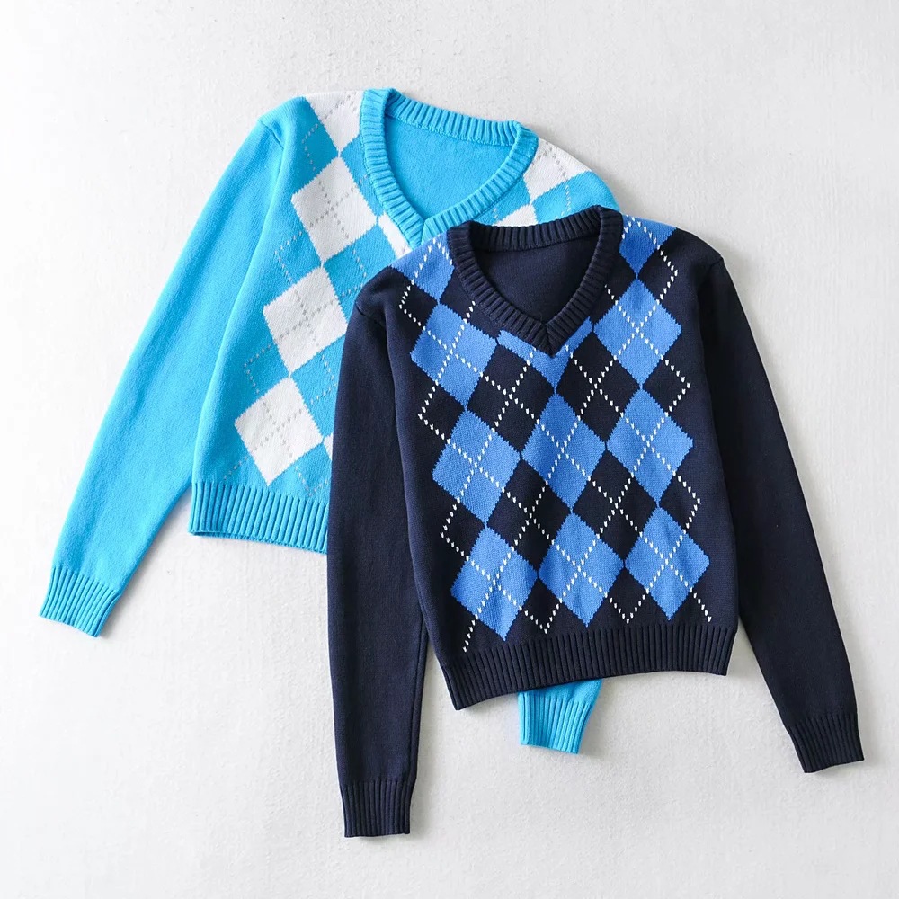 diamond plaid pullover sweater   NSHS23488