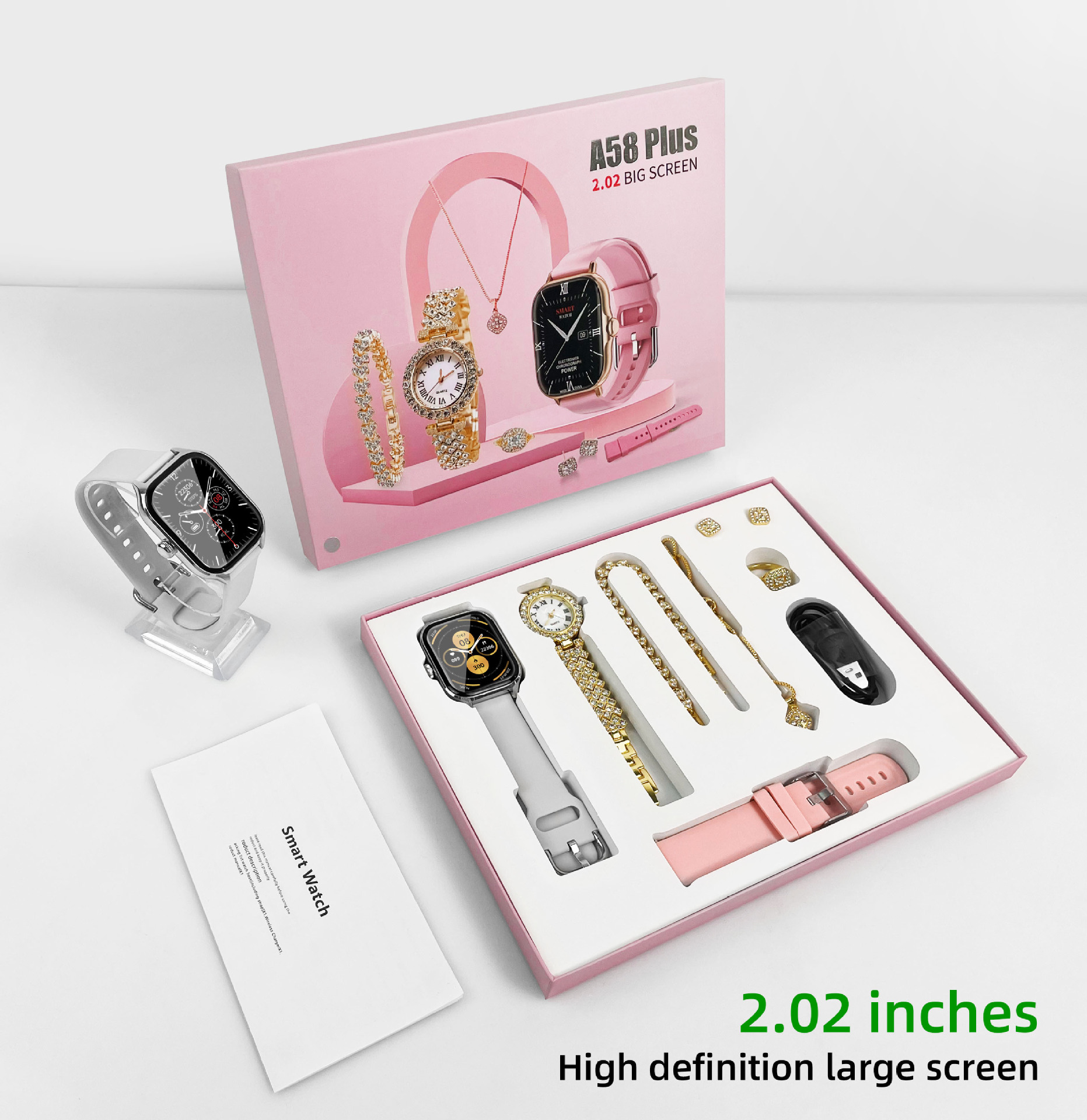 Reloj inteligente Huaqiangbei A58Plus con llamadas Bluetooth, reloj pequeño dorado con diamantes, completamente equipado con joyas, batería de larga duración, versión Bluetooth.