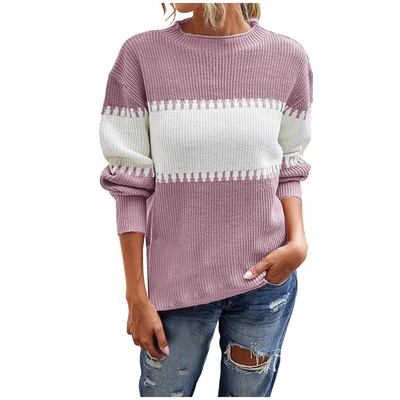 In-Stock Amazon European and American Style Color-Blocked Striped Pullover Sweater for Women with Lantern Sleeves, Women's Clothing for Export In-Stock Amazon European and American Style Color-Blocked Striped Pullover Sweater for Women with Lantern Sleeves, Women's Clothing for Export
