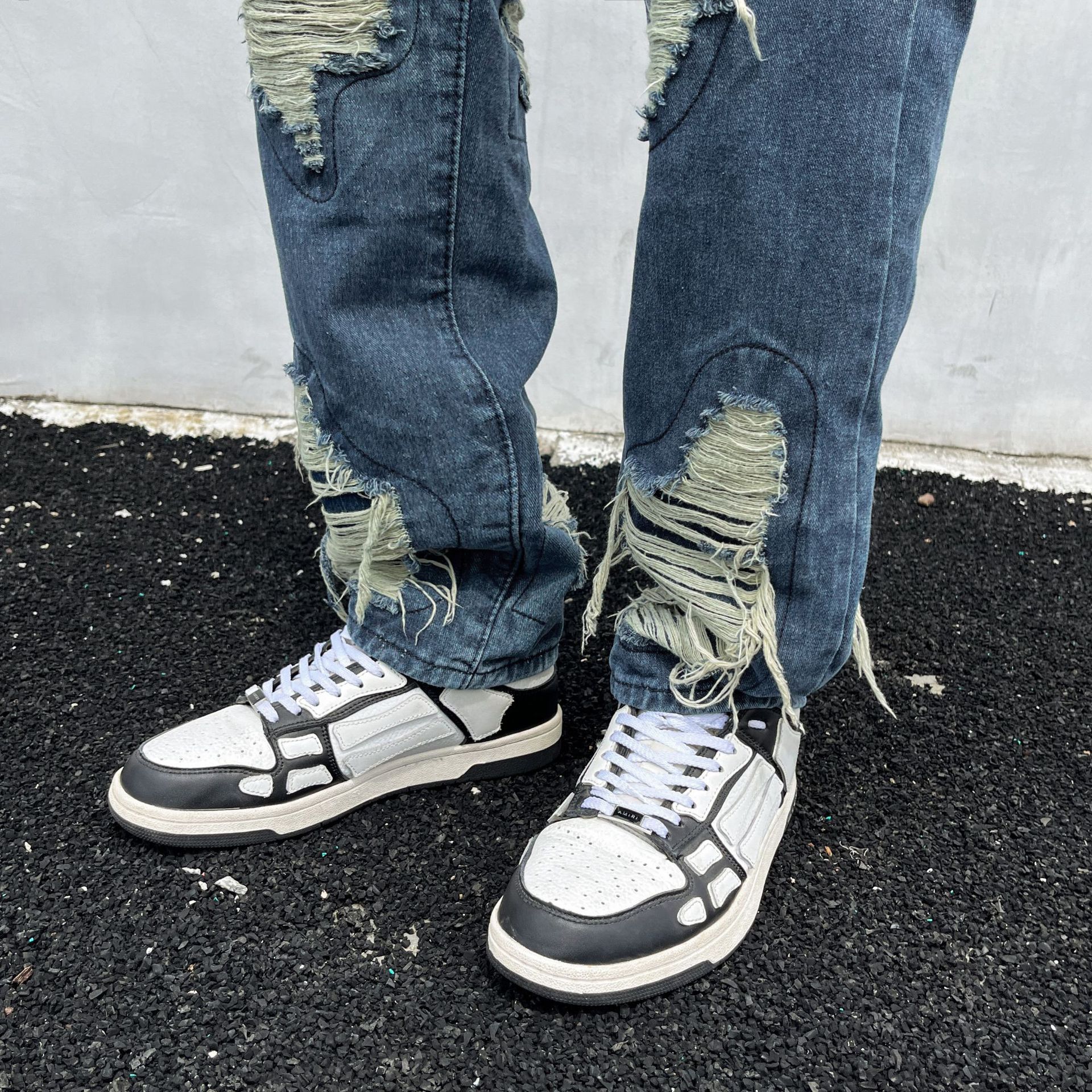 Tie-Dye Ripped Jeans For Men And Women American High Street Vintage Washed Slim Fit Flared Pants_mkmklike.com