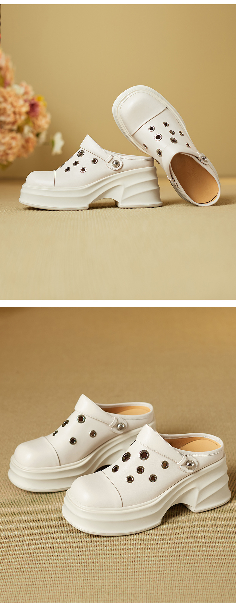 Dép sandal nữ mũi nhọn quai chữ V đế dày gót cao 9 cm — màu trắng ngà chi tiết 10
