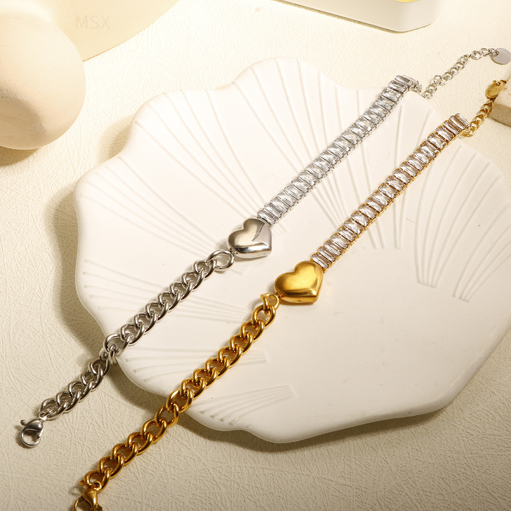 304 Stainless Steel Chain Material Cuban Link Chain Curb Chain Chain Type 1 Piece Quantity Daily Occasion Shiny Heart Shape 304 Stainless Steel Zircon Cuban Link Chain Curb Chain Bracelets In Bulk