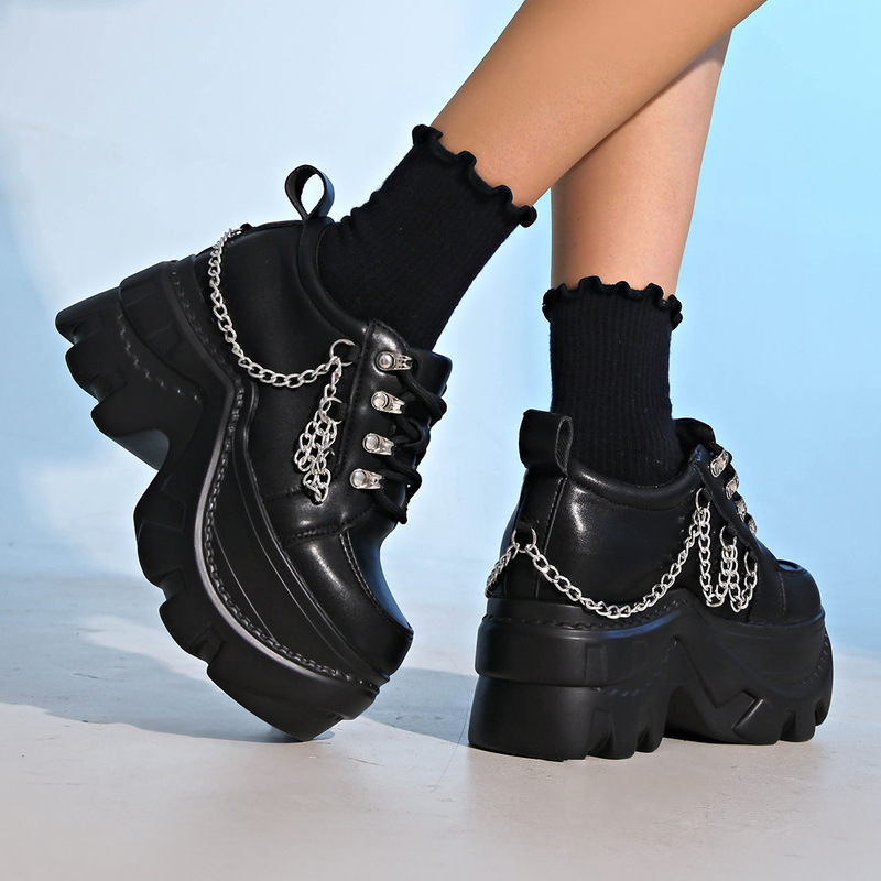 Gothic Hot Girl Rock Dark Punk Round Toe Heightening Versatile Lace-Up Thick-Soled Platform Shoes Subculture Small Leather Shoes