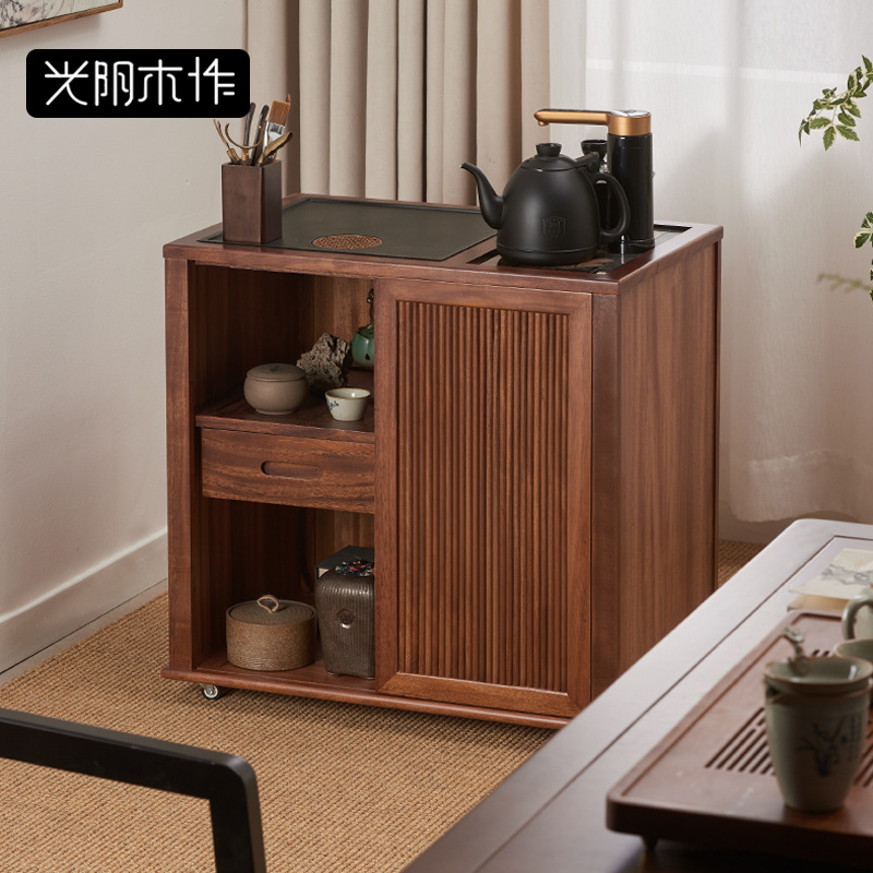 New Chinese-Style Solid Wood Mobile Tea Cabinet Walnut Tea Table for Home Use Small Tea Stand with Integrated Kettle Side