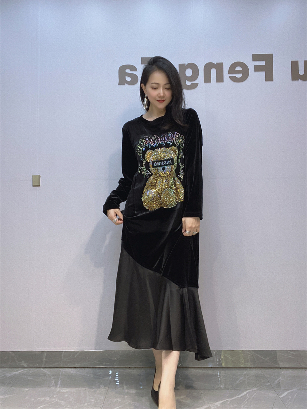 Black velvet demi-season dress