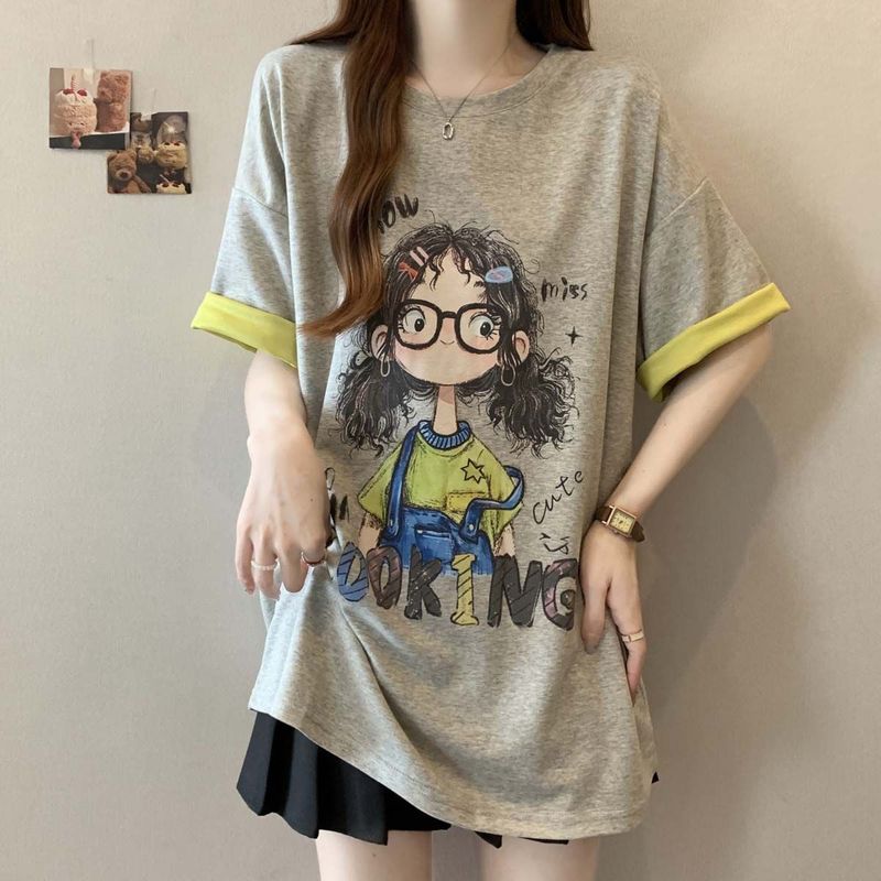 大きいサイズの対照的なカラーの漫画プリント半袖 T シャツ女性のための夏 2025 新しいファット mm ルーズ痩身ファッショナブルなトップス女性のための|undefined