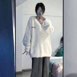 秋冬美式慵懒风宽松V领马海毛毛衣女仿水貂毛加厚针织打底衫上衣