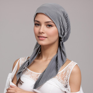 Cross-Border Women's Elastic Pleated Fabric Headscarf with Elastic Adjustment, Comfortable and Breathable Long-Tail Hat, Baotou Hat, Headscarf Hat