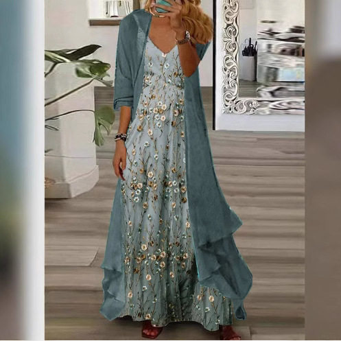 2025 Foreign Trade Women's Two-Piece Commuter Style Elegant Goddess Lazy Digital Printing Sling Chiffon dress