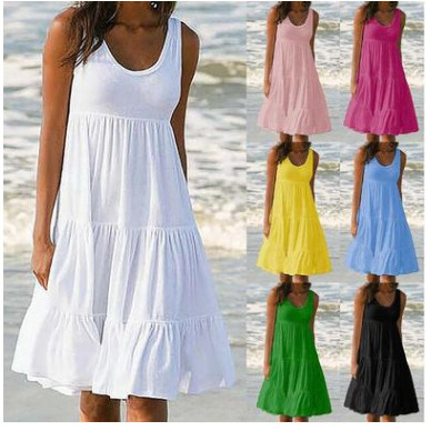 2023跨境Wish亚马逊速卖通爆款女装7色8码无袖圆领拼接大摆沙滩裙