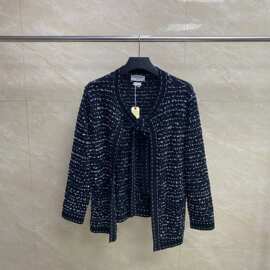 TB工厂直销秋冬新款粗花呢系带开衫女士休闲舒适白搭明星同款开衫