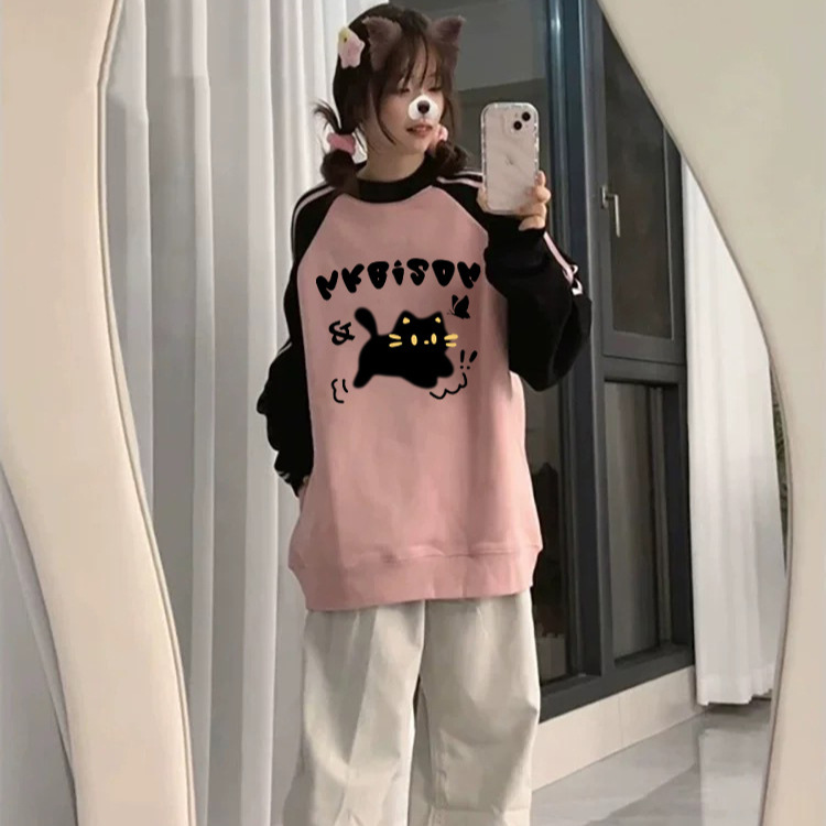 重磅美式学院猫咪插肩卫衣女春秋冬宽松大码圆领三条杠上衣外套潮