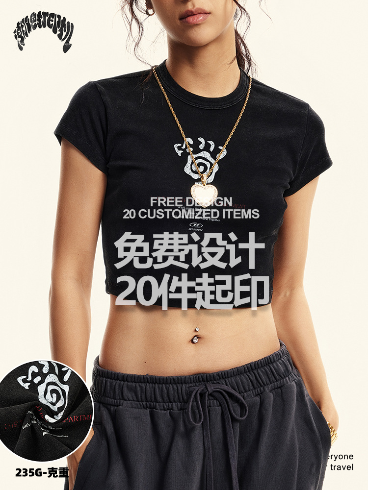 2025 verano americano retro desgaste impresión hombro corto función viento caliente camiseta de manga corta chaqueta negra mujer