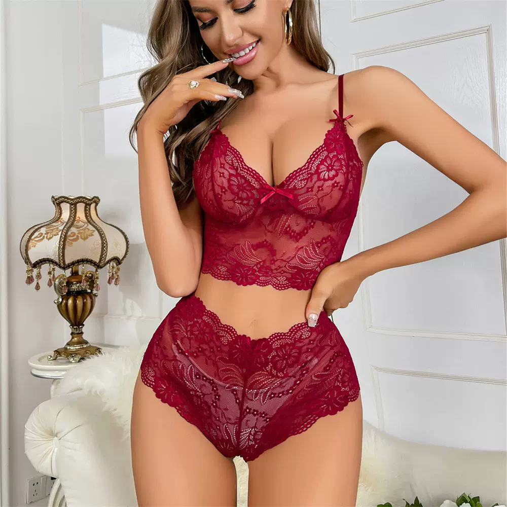 欧美新款轻薄蕾丝情趣内衣透视吊带性感内衣套装现货Ligerie set