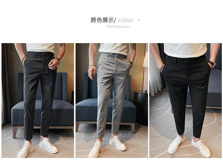 Quần tây sọc nam mùa hè ống côn Hàn Quốc dáng ôm nhẹ — Màu xám đậm với fleece, Quần lửng màu xám đậm, Quần lửng đen, Lông cừu đen chi tiết 4