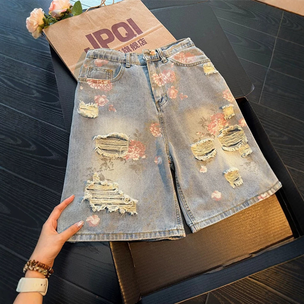 American High Street Floral Ripped Denim Shorts for Men, Summer Trendy Brand Design Vibe Pants, Loose Five-Point Pants