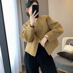 气质双面羊绒大衣女短款2025新款单排扣双面呢圆领小香风毛呢外套