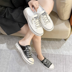 Large size Baotou half slippers for women to wear outside 2024 summer thin flat breathable genuine leather rhinestone shoelaces half support for hair