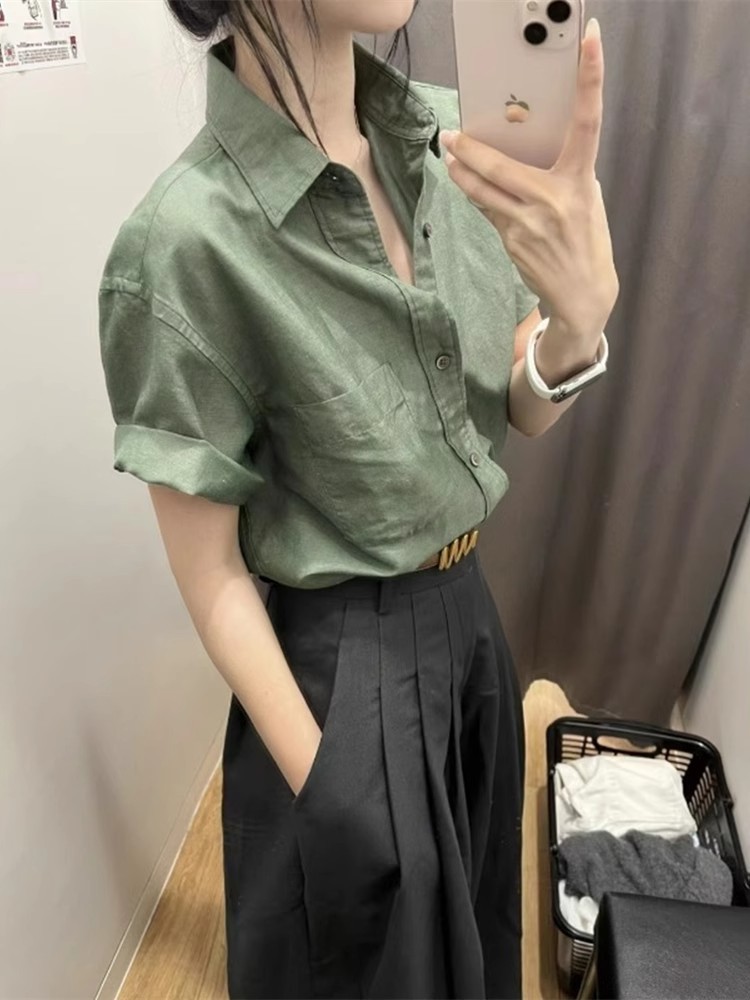 Áo sơ mi cổ polo ngắn tay cotton linen form chuẩn vai — màu trắng