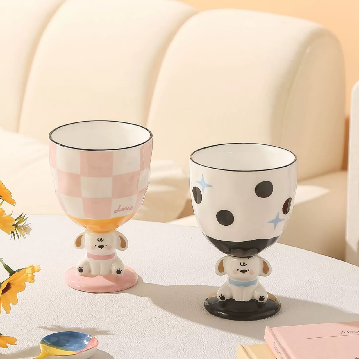 Caricatura creativa encantadora dibujada a mano tridimensional cachorro taza de pie alto helado de alto valor de cara bebida fría taza de cerámica taza de regalo