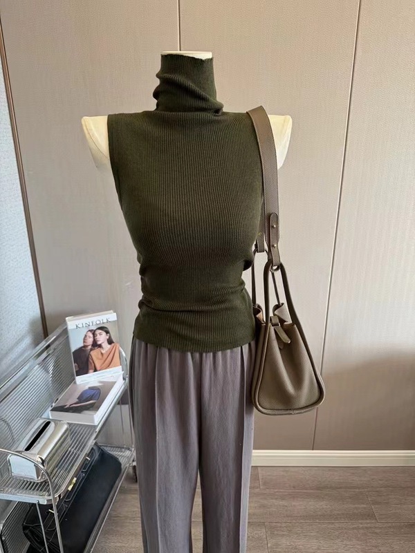 强推~简约堆堆领高领打底衫女修身无袖针织背心纯色气质内搭上衣|undefined