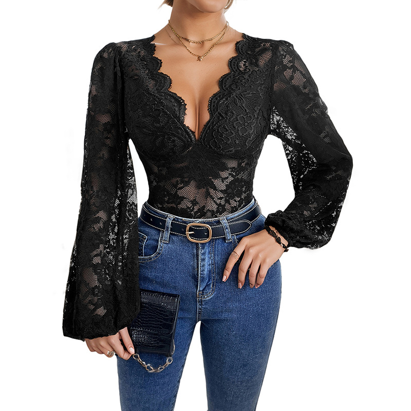 Tuta in pizzo a maniche lunghe da donna – Elegante tuta con scollo a V e pannelli in rete trasparente (nero, S-XL)_voghion.com