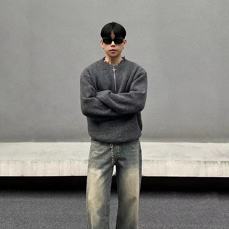 Zipper New Street Distressed Design Black Half-Zip Sweater Men's Loose Lazy Style Knitwear_voghion.com