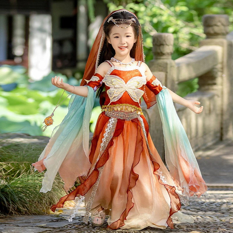 [汉服女童2025新款夏季儿童唐装飞天舞蹈大唐公主敦煌古装演出服装]