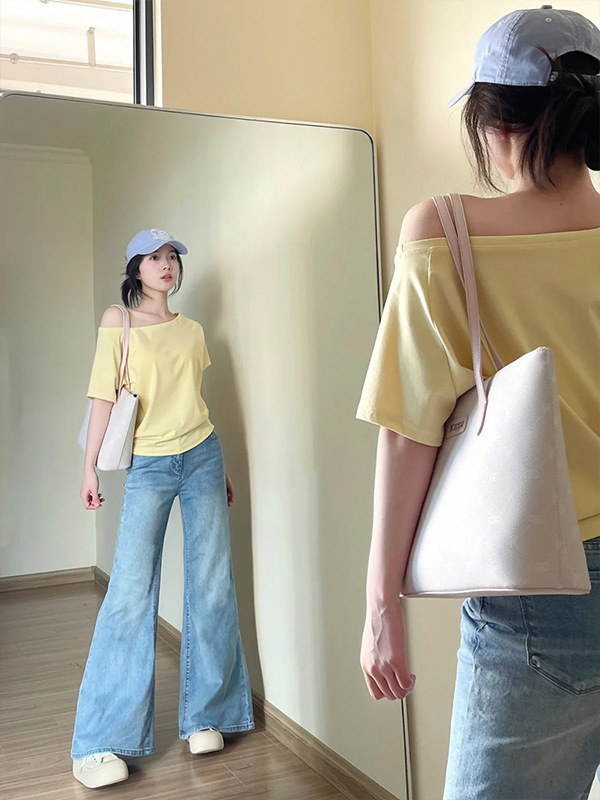 ゆったりとしたデザインのオフショルダートップ、ワンショルダー夏新作半袖Tシャツ、女性ニッチ斜め肩甘いホットガール夏痩身|undefined