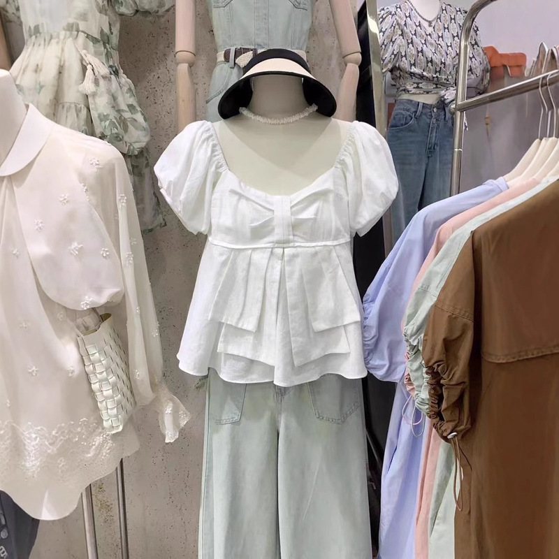 Student Puff Sleeve Shirt Women's Short Sleeve Summer Korean Style White Belly Covering Slimming Short Square Collar Solid Color Top for Women