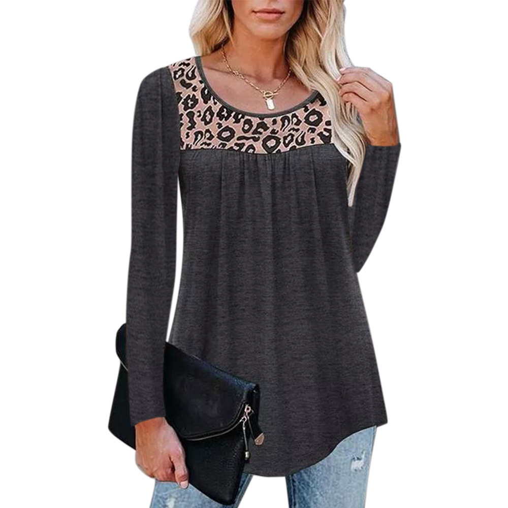 Camiseta de manga larga con cuello redondo suelto con costura de leopardo para mujer, ropa de nihaostyles al por mayor NSLZ77515