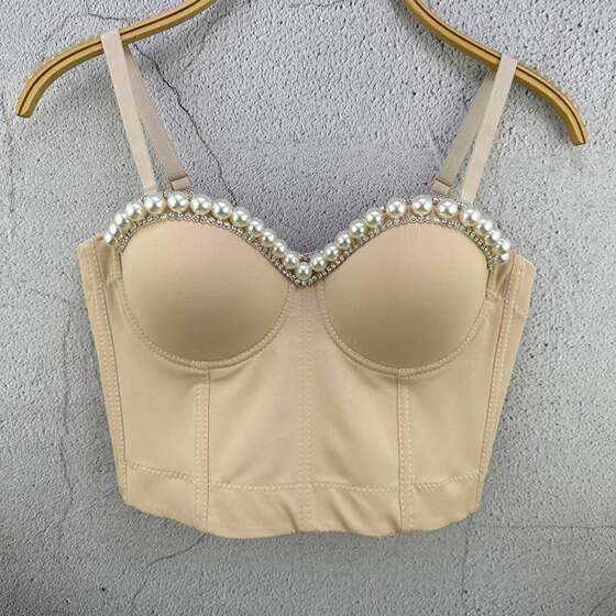 European and American Style 2024 Summer New Heavy Industry Beaded Chain Strapless Fishbone Camisole Vest Women's Outer Wear Top Trendy