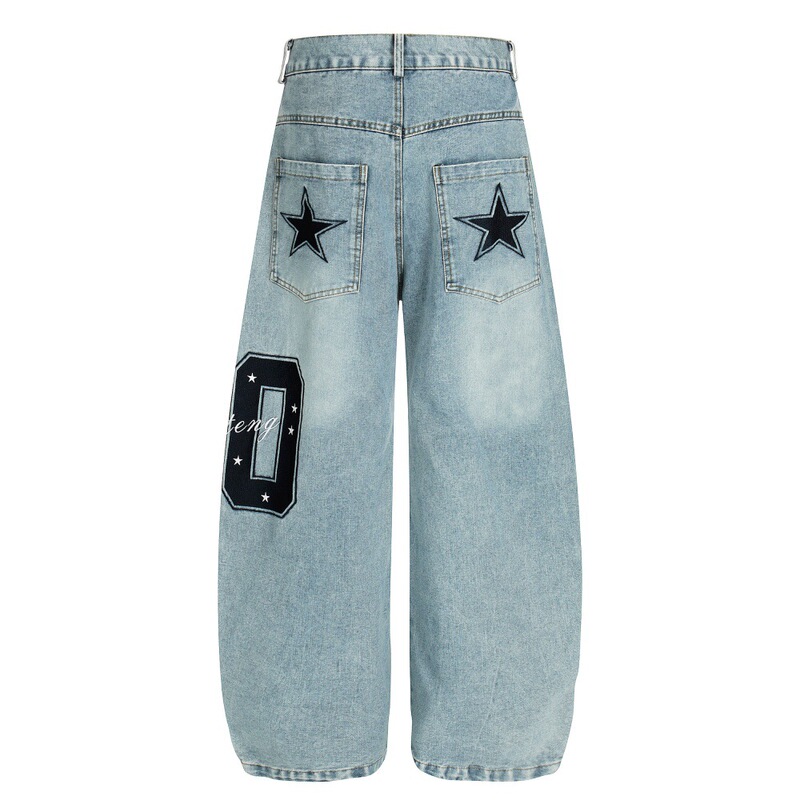 American High Street Style Five-Pointed Star Embroidered Pocket Denim Flared Pants for Men, Punk Vintage Wide-Leg Trousers Trendy
