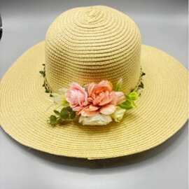 新款花朵帽子旅游太阳帽女夏海边度假遮阳宽檐田园风法式草帽批发