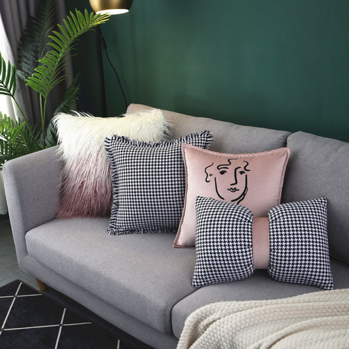 Pink group pillow case ins long hair cushion sofa cushion office lumbar pillow cushion sofa houndstooth pillow case