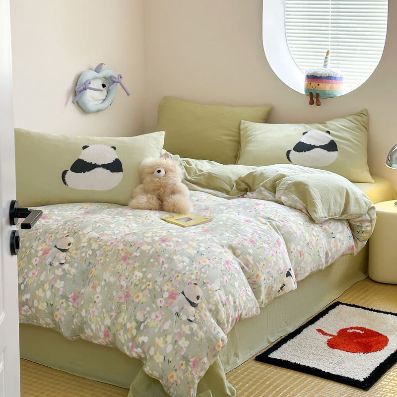 Youyixin juego de cuatro piezas de dibujos animados de doble capa de gasa arrugada impresión digital juego de tres piezas de algodón kit de algodón sábana edredón