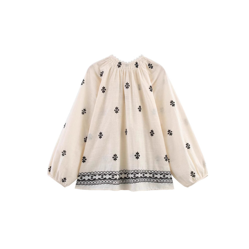 Summer New Women's Clothing European and American Style Fashionable Sweet Simple Round Neck Lace-Up Sleeve Rope Embroidered Shirt Top