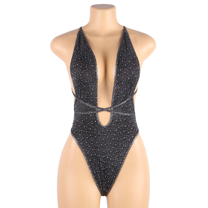 Europeo y americano más tamaño sexy Lencería mujer profundo cuello en V sexy backless Halter Correa flash diamante mono Amazon venta al por mayor