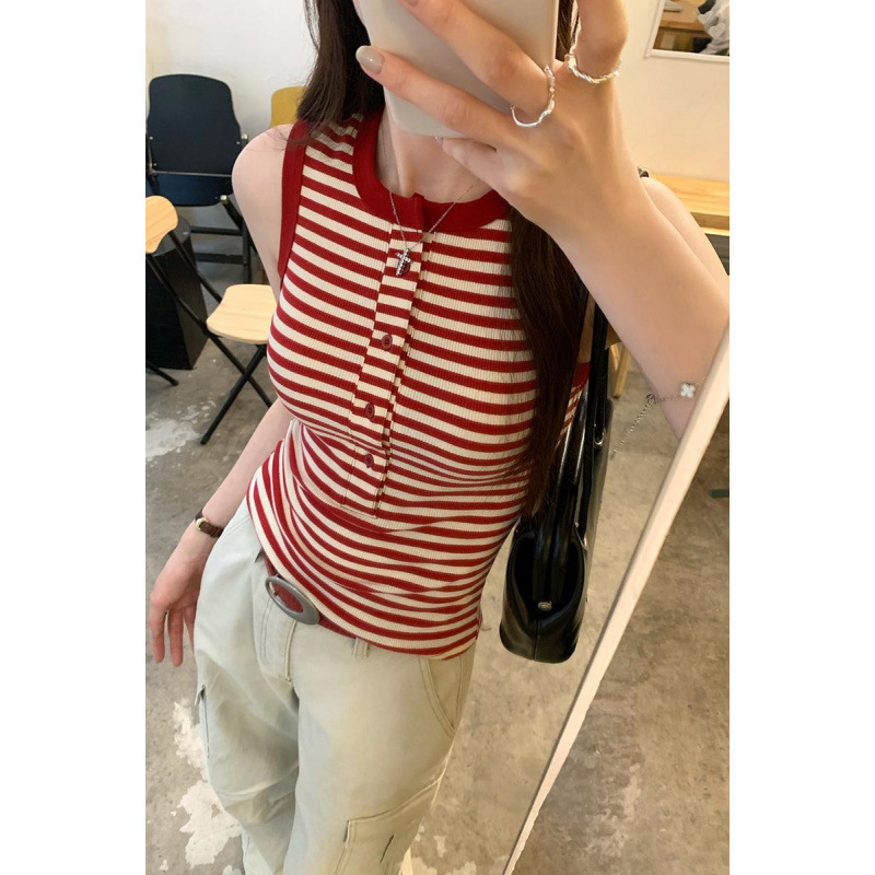 European Style Color-Block Striped Half-Breasted Slim Sleeveless Tank Top for Women 2025 Summer New Beautiful Single-Layer Top