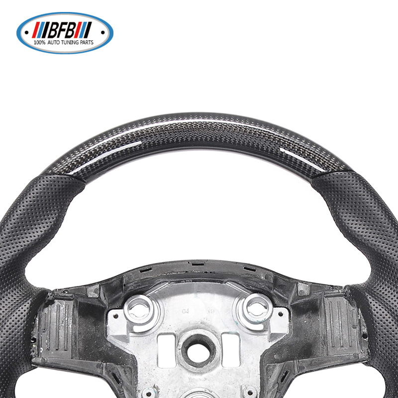 100% Real Carbon Fiber Glossy Black Perforated Steering Wheel Cover - For Tesla Model 3 Y - Black Leather Stitching Modification