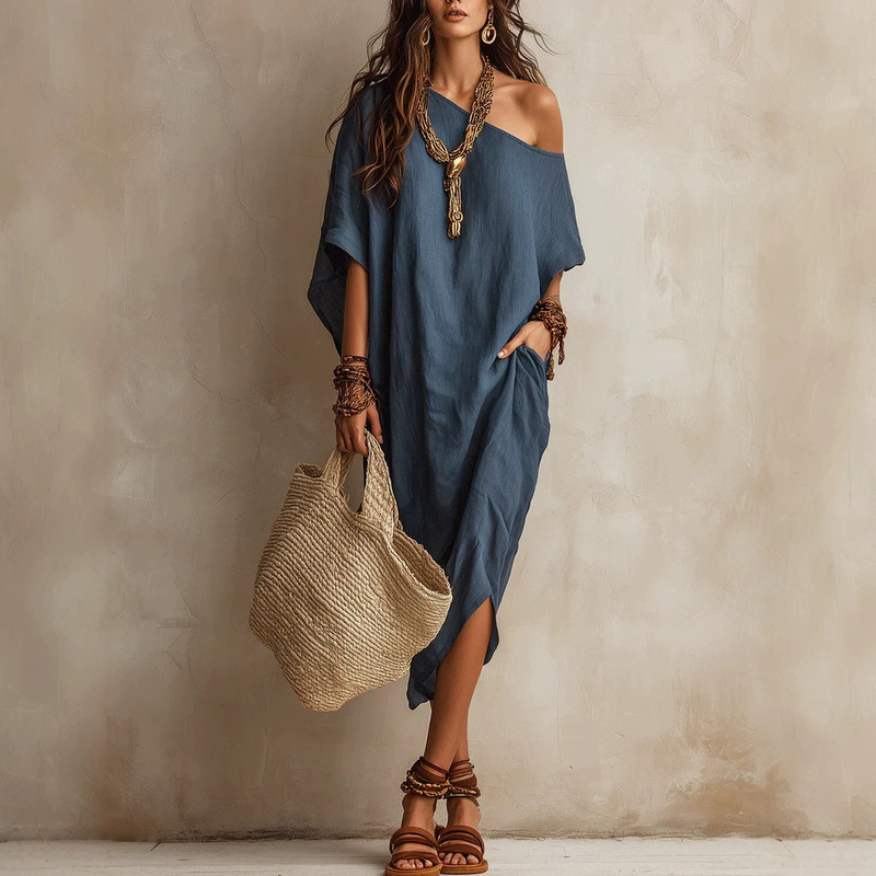 In stock 2026 European and American style one-shoulder cotton-linen dress for women, loose fit, bat sleeves, mid-length, slit, vacation dress, cross-border In stock 2026 European and American style one-shoulder cotton-linen dress for women, loose fit, bat sleeves, mid-length, slit, vacation dress, cross-border