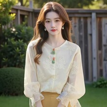 厂家直销新中式国风提花流苏设计感长袖雪纺小衫25春轻熟风衬衫潮