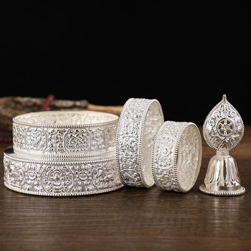 Манза Плита Sterling Silver Silver Buddha Equipment Eight Auspicious Ornaments Manda Plate with Chassis Exquisite Workmanship