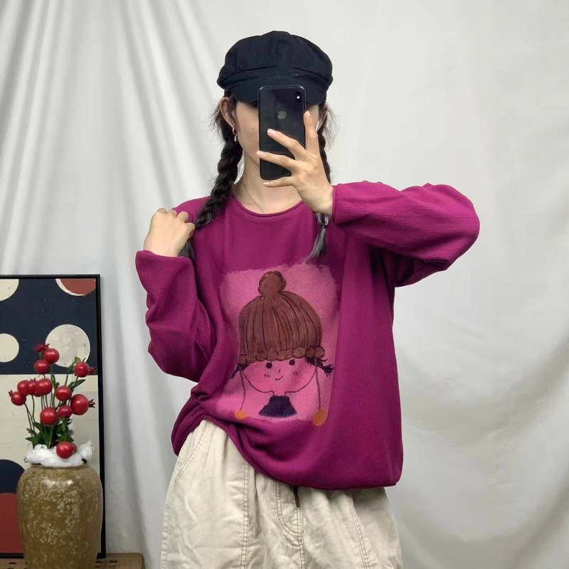 新品厚款复古宽松圆领套头棉线针织衫卡通印花毛衣女|undefined