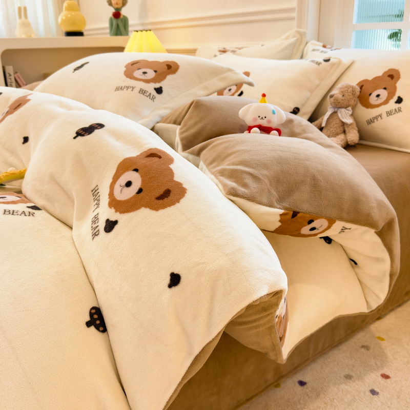 Juego de cuatro piezas de lana de leche de invierno, cama gruesa, sábana de otoño e invierno más funda de edredón de terciopelo, sábana de dormitorio de terciopelo de coral, juego de tres piezas